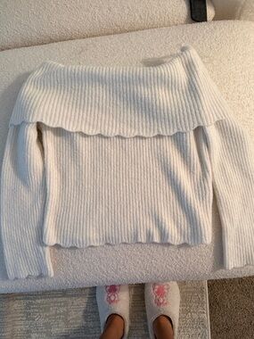 Cream Off-the-Shoulder Ribbed Knit Sweater